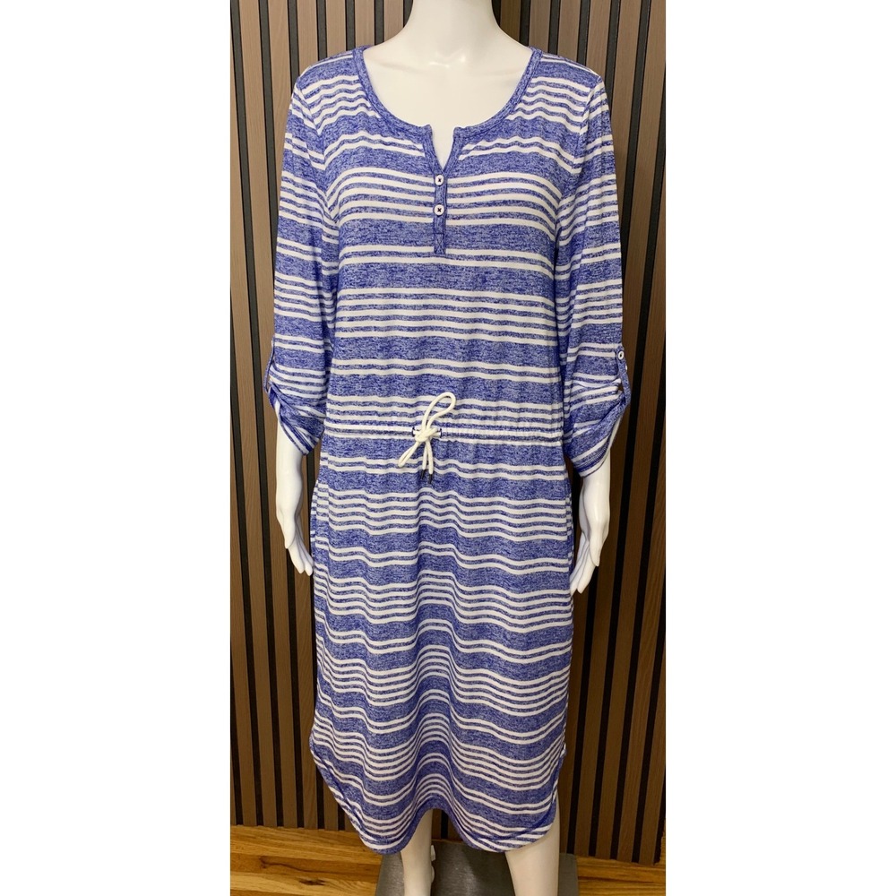 T by Talbots Women's Blue White Striped Henley Midi Dress Roll Tab Sleeve Large